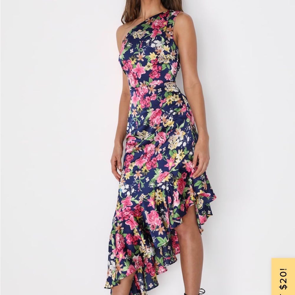 Divinely Blooming Blue Multi Floral One-Shoulder Midi Dress
